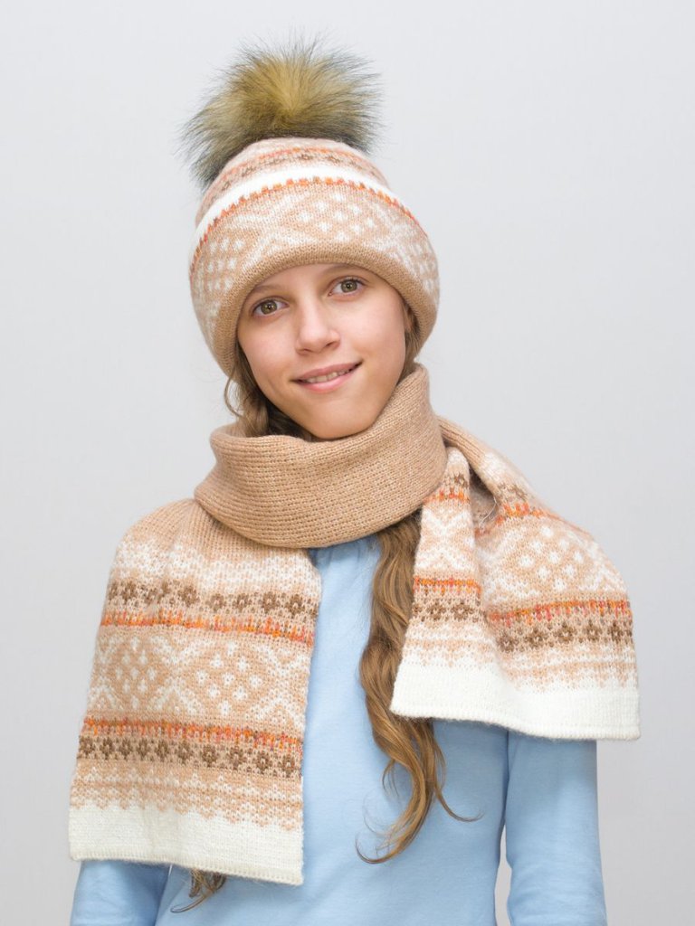 Комплект зимний для девочки шапка+шарф Ульяна (Цвет светло-бежевый), размер 54-56, шерсть 70% 10005106