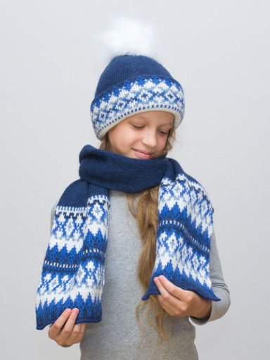 Комплект зимний для девочки шапка+шарф Ульяна (Цвет синий), размер 54-56, шерсть 70% 10005109